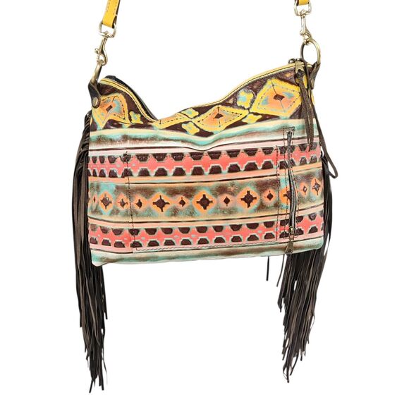 L3 Designs Cowhide Fringed Western Crossbody Bag Brown Yellow One Of A Kind - Picture 2 of 12
